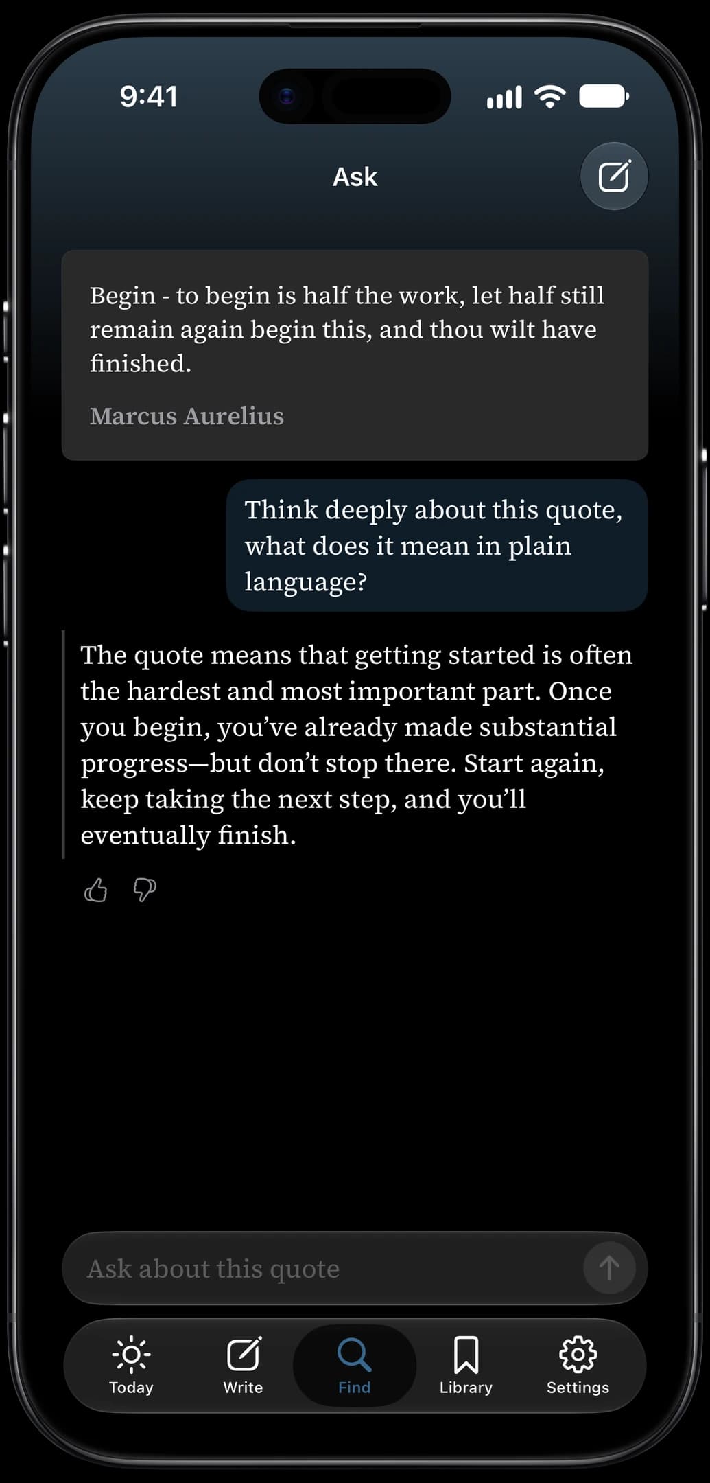 Ask in Well Said, explaining a Marcus Aurelius quote in plain language