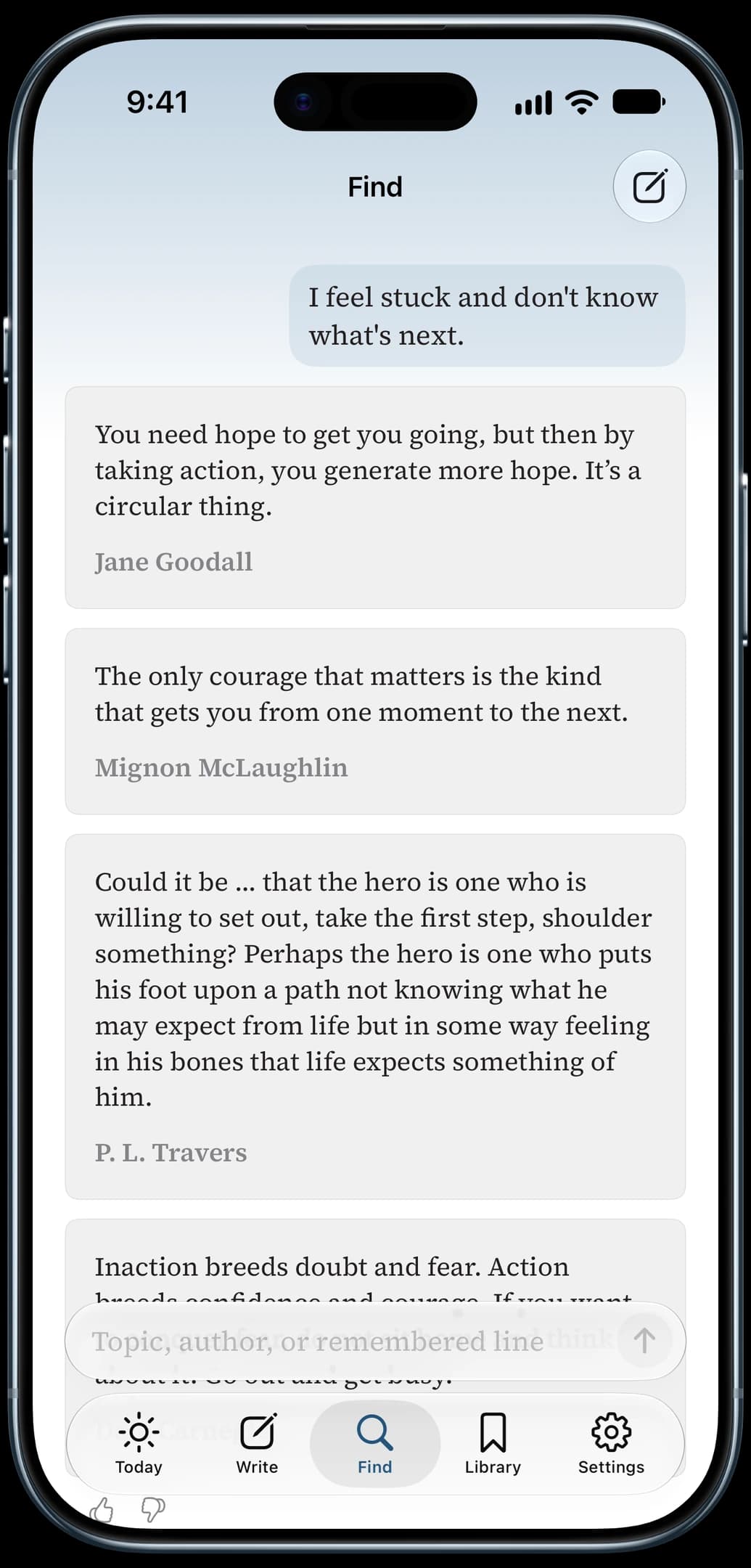 Find in Well Said, answering “I feel stuck and don’t know what’s next” with quotes about hope and courage