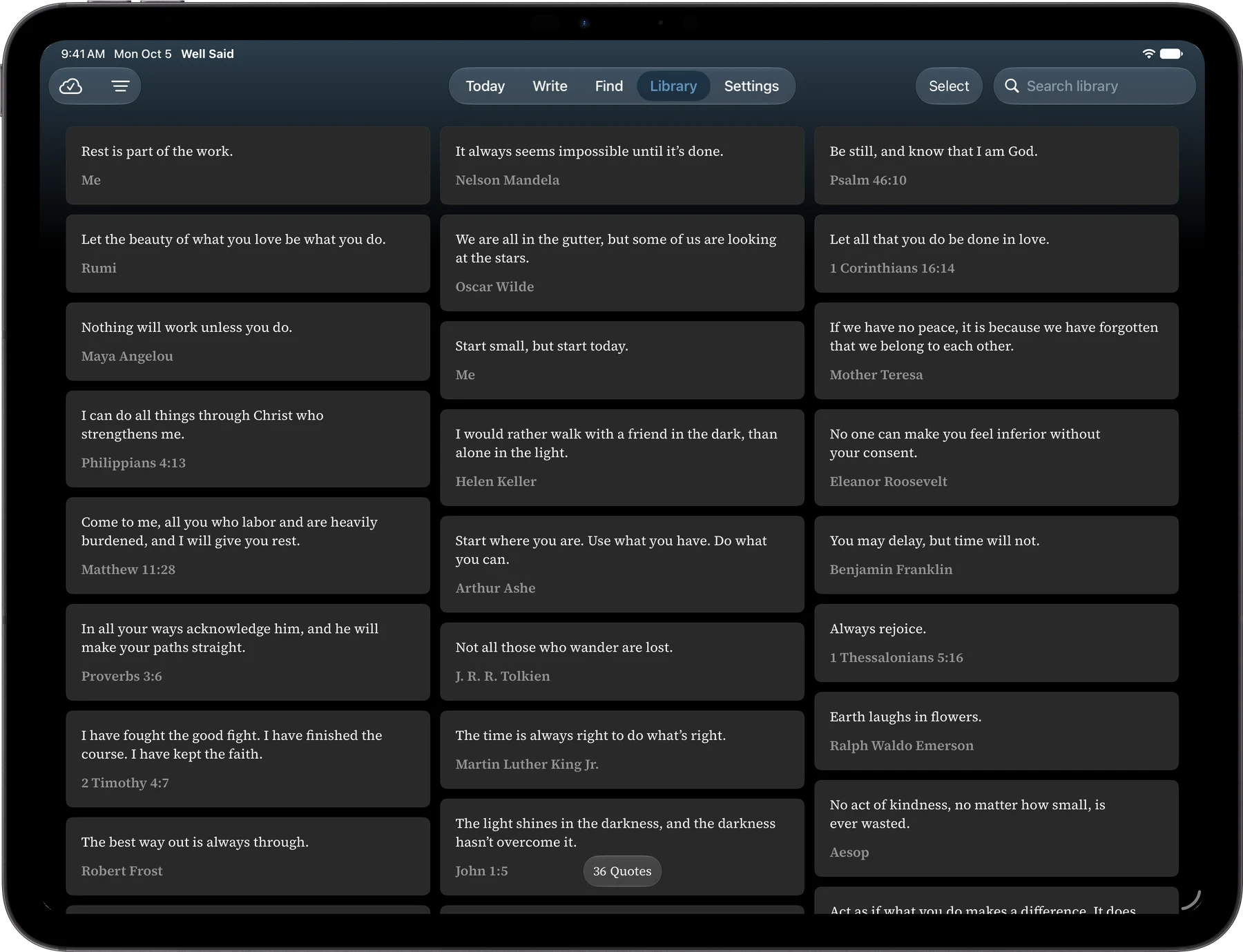 The Well Said Library on an iPad Pro in landscape, with quotes, Bible verses, and personal notes in three columns