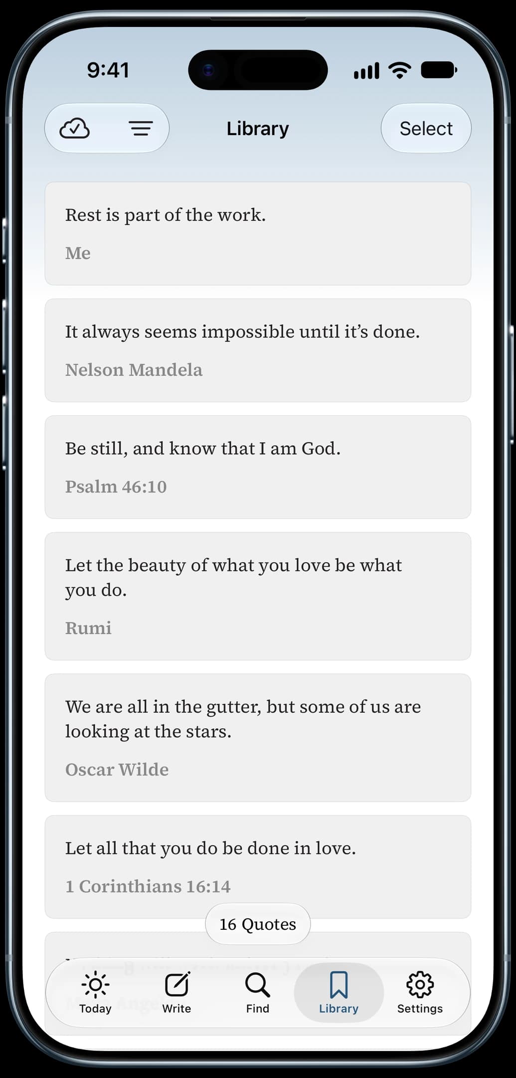 The Library in Well Said, a list of saved quotes, Bible verses, and the owner's own words